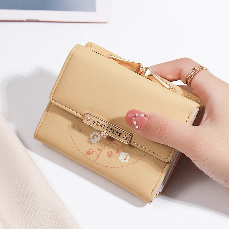 Purse women's summer new Korean PU printed buckle 3 fold bag simple all-in-one short women's money clip multi-card folding flap - Clikcy