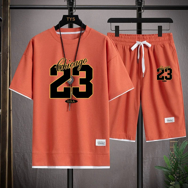 High Quality Men's Korea Comfortable and Summer  Fashion Print Sports Suit Fitness Jogging Daily Casual Wear Beach Shorts Set - Clikcy