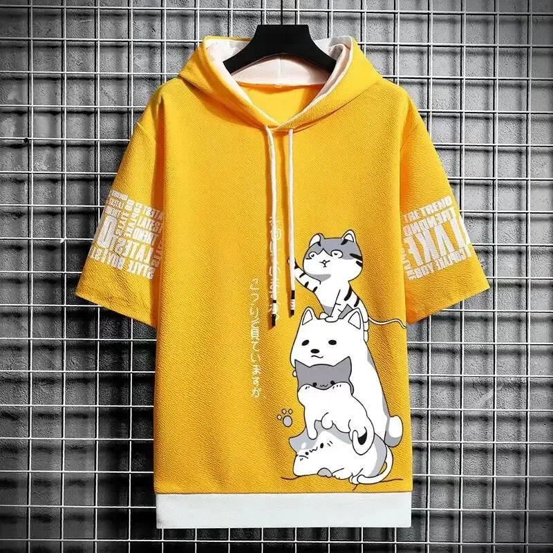 Summer T shirt Men's Hoodies Men Clothing Casual Harajuku Streetwear Print Hooded Top Short Sleeve Sweatshirts Men - Clikcy