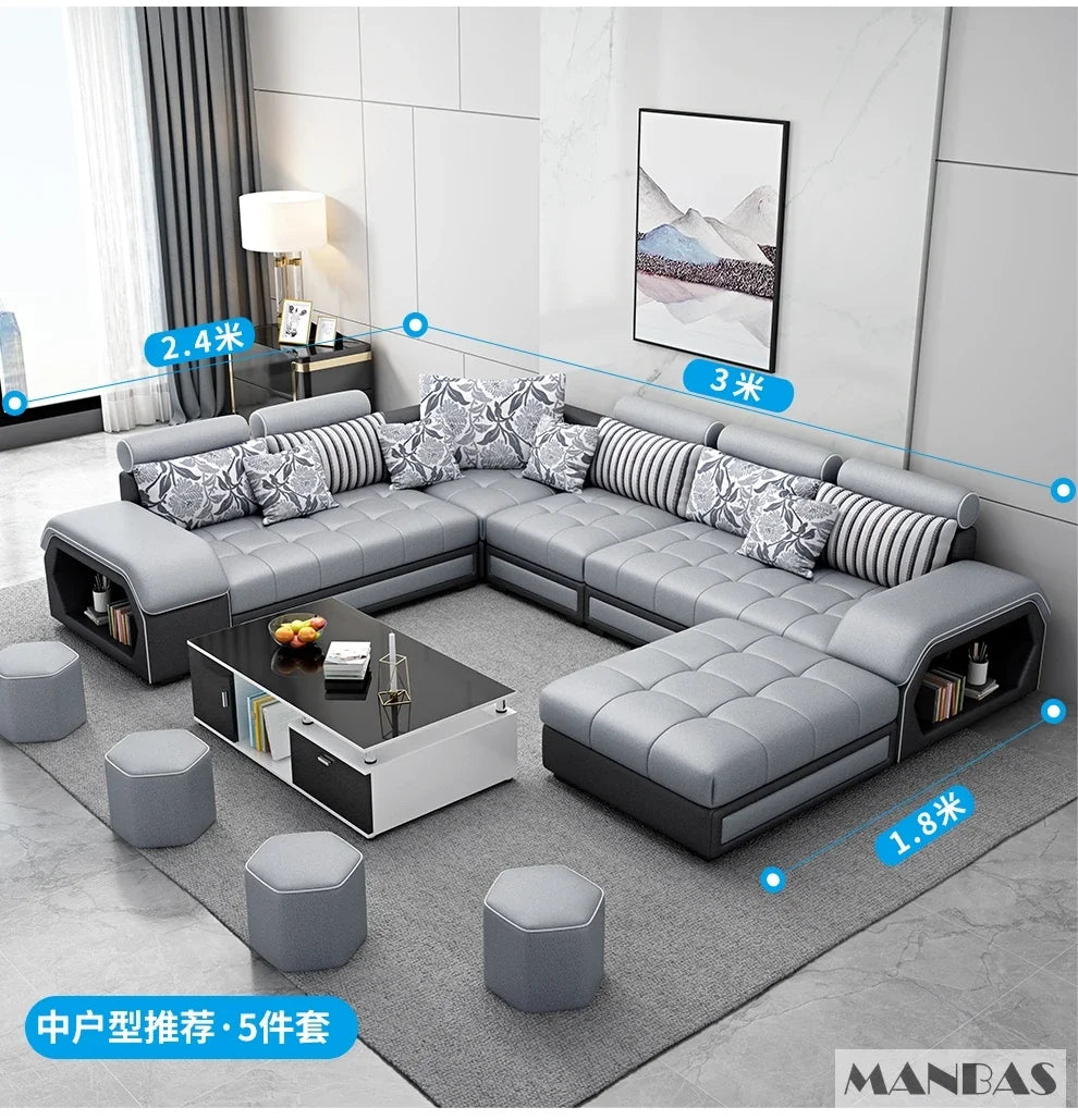 Linlamim Fabric Sofa Set Furniture Living Room Sofa Set with USB and Stools / Big U Shape Cloth Couch Sofas for Home Furniture - Clikcy