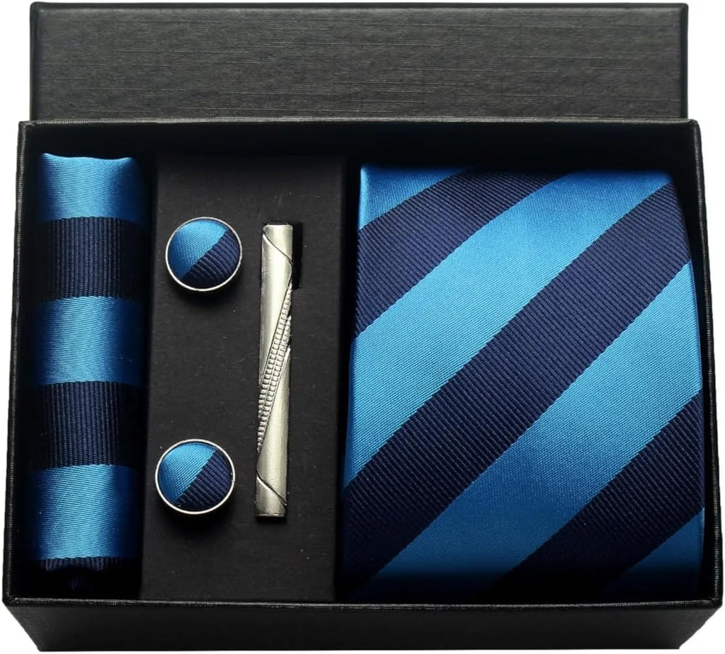 Classic 100% Silk Men's Ties In Gift box 8cm Plaid Dot Striped Business Necktie Handkerchief Cufflinks Wedding Party Tie Set