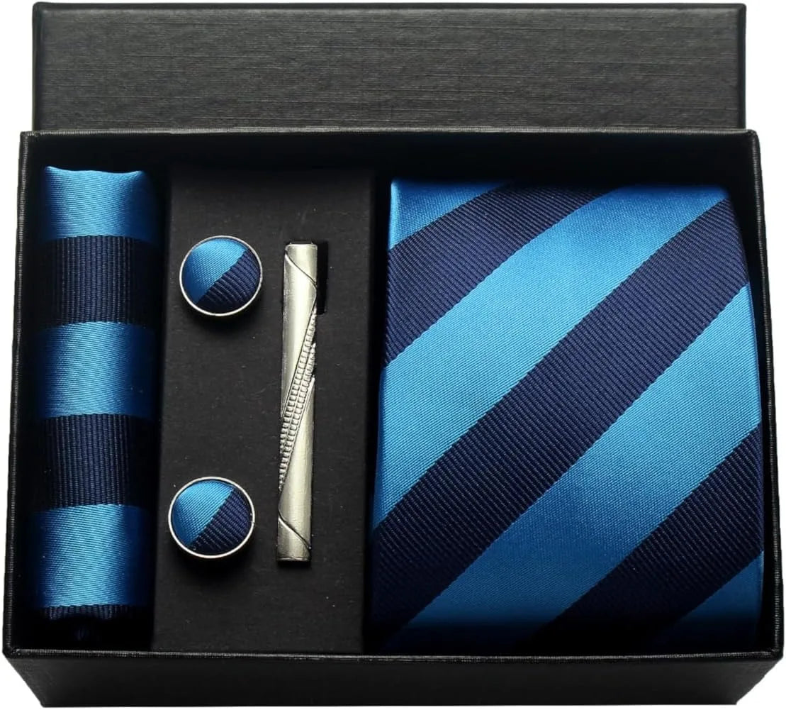 Classic 100% Silk Men's Ties In Gift box 8cm Plaid Dot Striped Business Necktie Handkerchief Cufflinks Wedding Party Tie Set