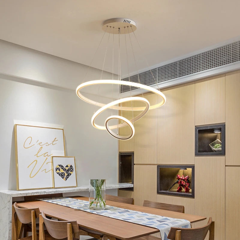 Modern Pendant Lamp Led Rings Circle Ceiling Hanging Chandelier Black Loft Living Dining Room Kitchen Indoor Lighting Fixture - Clikcy