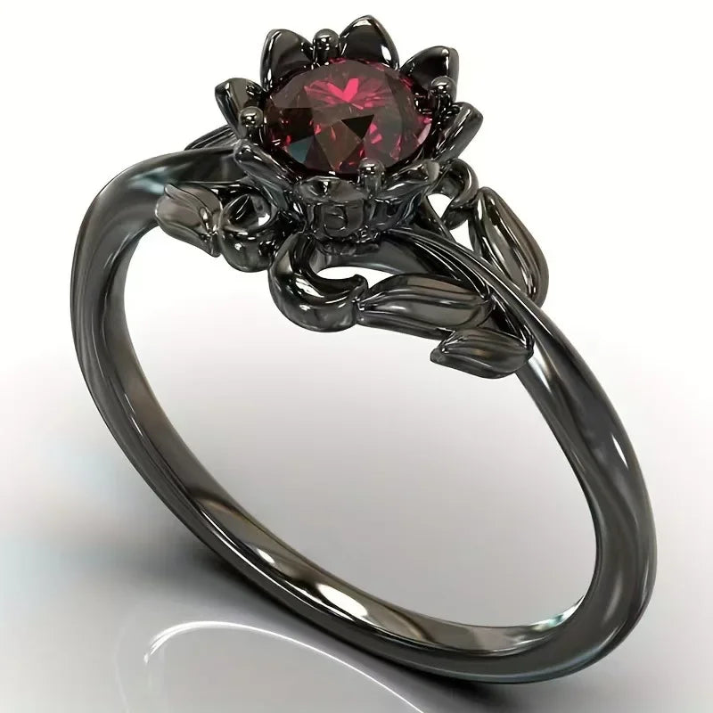 LATS Black Color Flower Red Stone Rings for Women Charm Jewelry Accessories Rose Ring Party Gift - Clikcy