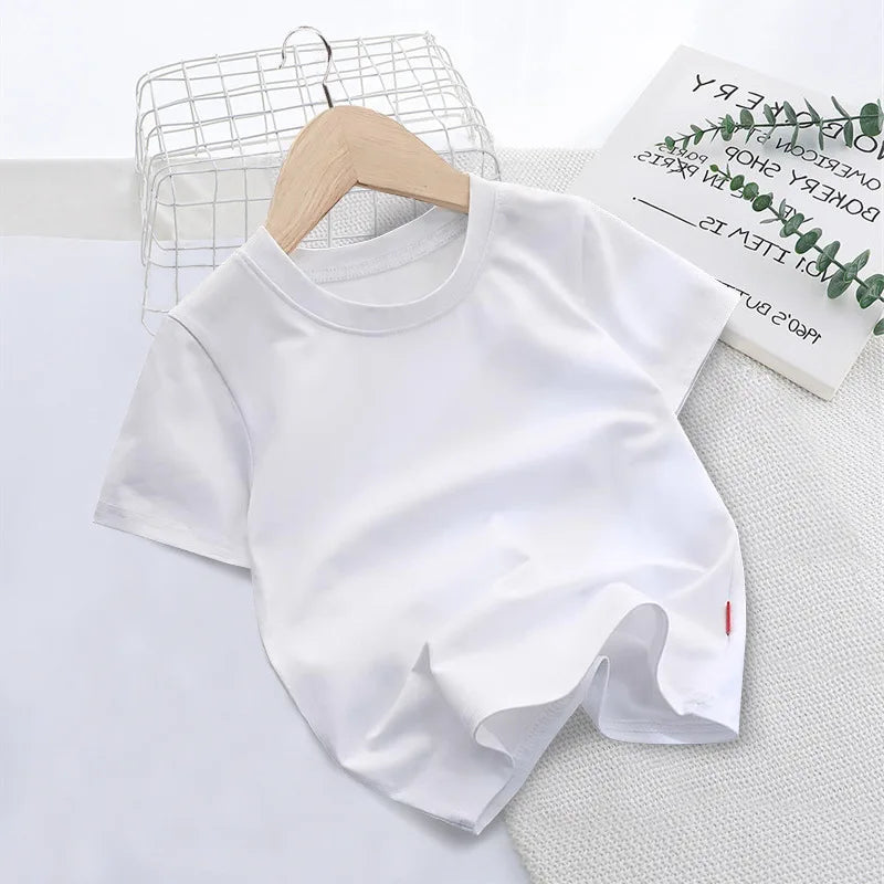Summer Solid Color Children Cotton T-shirt for Boys Girls White Tops Tees Kids Clothes 2-10Y Student Casual Tee - Clikcy