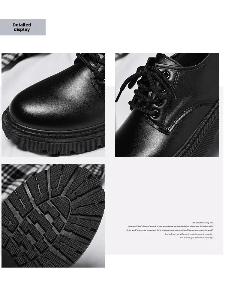 Casual Men's Pure Black Lace-up Height-increasing Business-style Low-heeled, Comfortable and Durable Small Leather Shoes