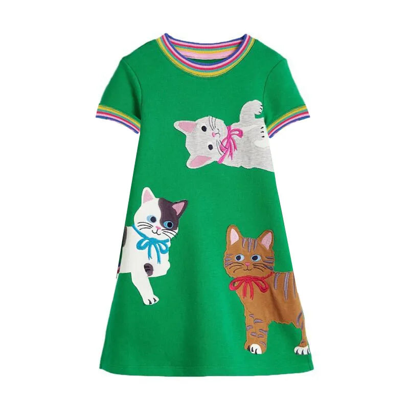 Jumping Meters 2-8T School Princess Girls Dresses Animals Applique Summer Short Sleeve Baby Clothes Birthday Frocks Costume - Clikcy