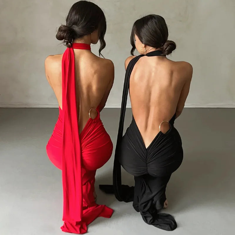 Womens Elegant Evening Party Cocktail Long Dress Sexy Backless Open Back Ruched Slim Bodycon Formal Wedding Guest Maxi Dress - Clikcy