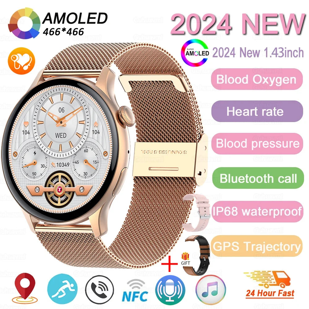 2024 New GPS Smart Watch Women True AMOLED 466*466 HD Screen Health Tracker Sports NFC Voice Bluetooth Call Smartwatches Ladies