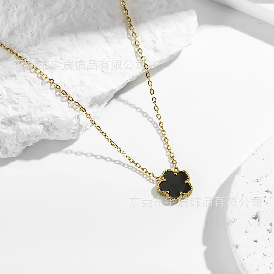 Black Lucky Five Petal Four Leaf Flower Stainless Steel Necklace Gold Plated Clover Jewelry Women Party Wedding Accessories - Clikcy