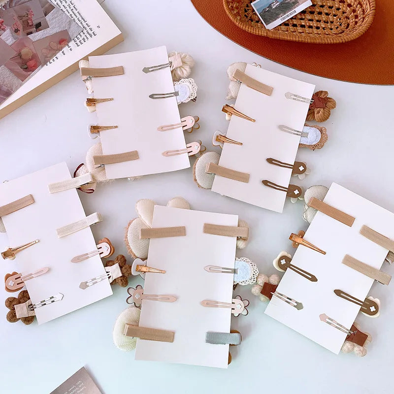 8pcs/set Sweet Girl Hair Clip Cartoon Bear Floral Bowknot Hair Pin for Toddler Girls Lovely Beige Coffee Color Kid baby Headwear - Clikcy