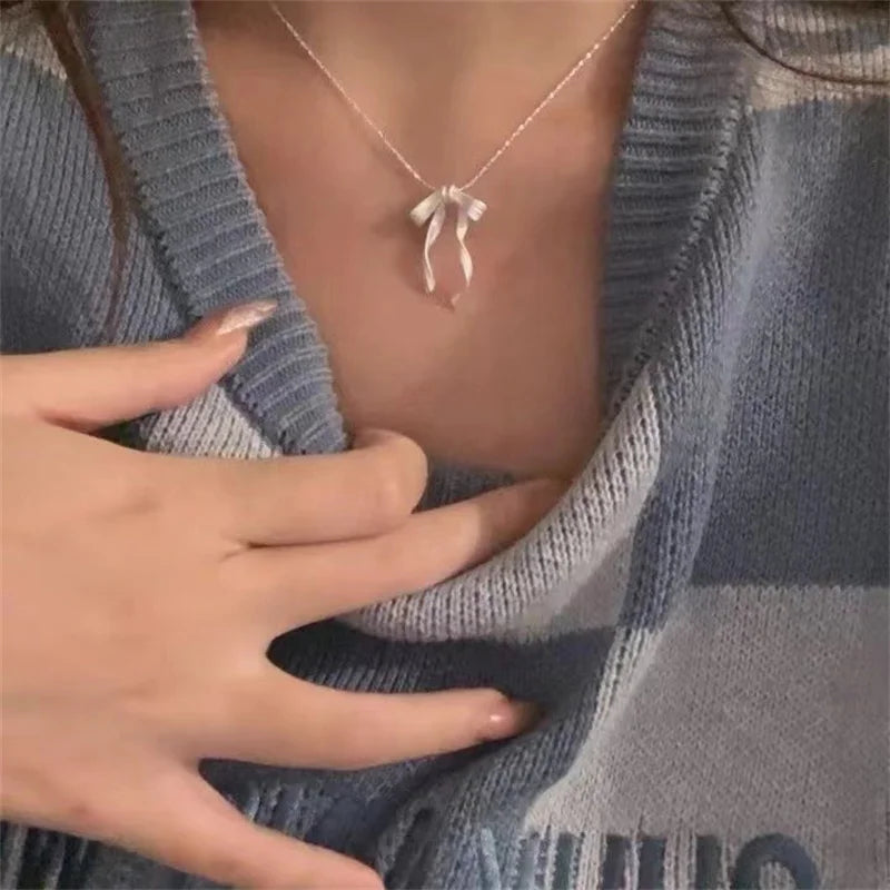 Exquisite Clavicle Chain Elegant Scrub Bow Pendant Necklace For Women Girls Temperament Collar Chain Korean Student - Clikcy