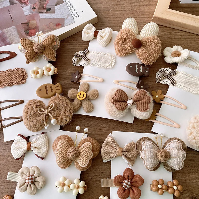 8pcs/set Sweet Girl Hair Clip Cartoon Bear Floral Bowknot Hair Pin for Toddler Girls Lovely Beige Coffee Color Kid baby Headwear - Clikcy