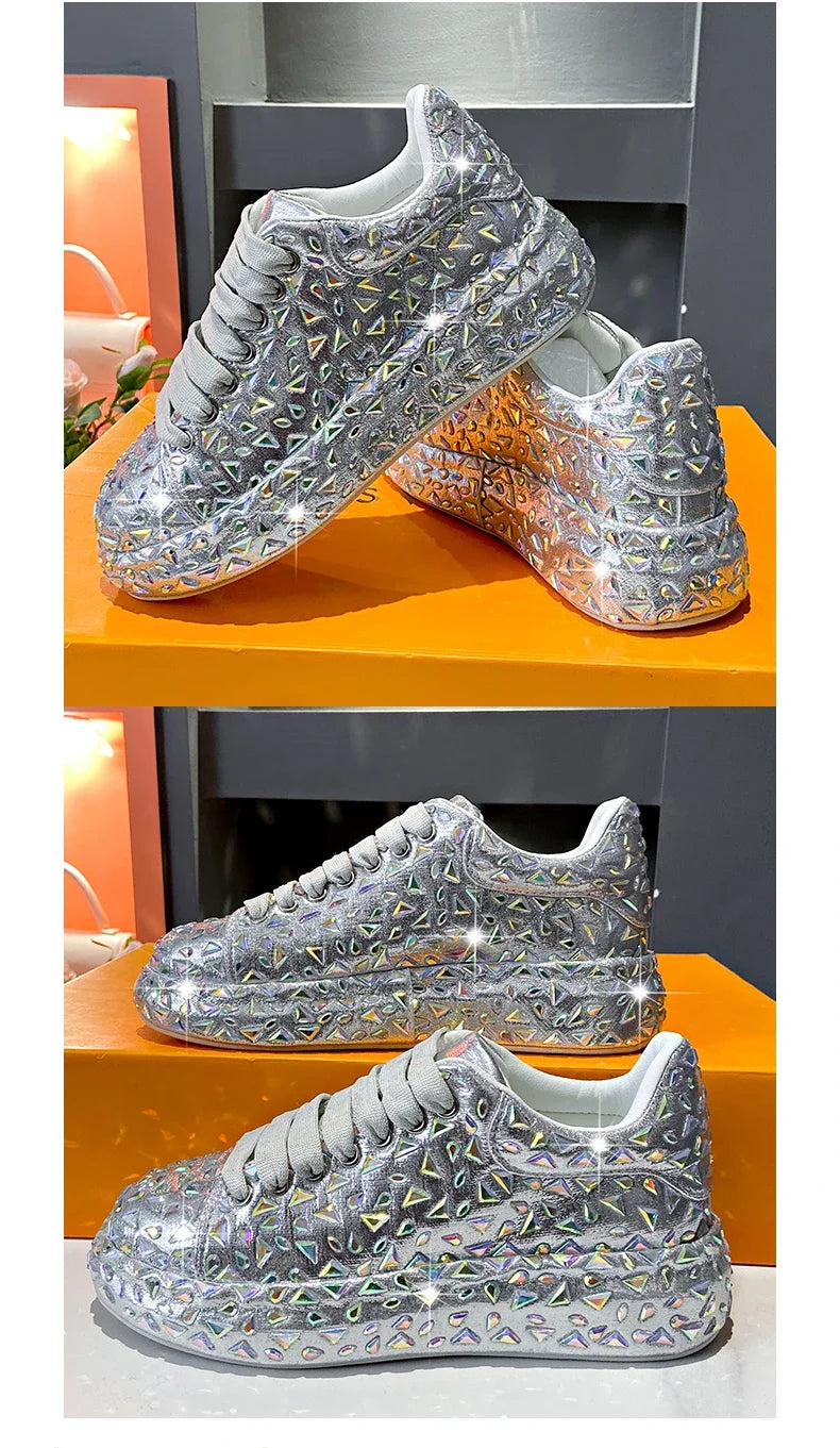 2025 Autumn Leather Women Shoes New Style Fashion Platform Shoes Ins Platforms Sneakers Tide Shine Bling Rhinestone Shoes - Clikcy