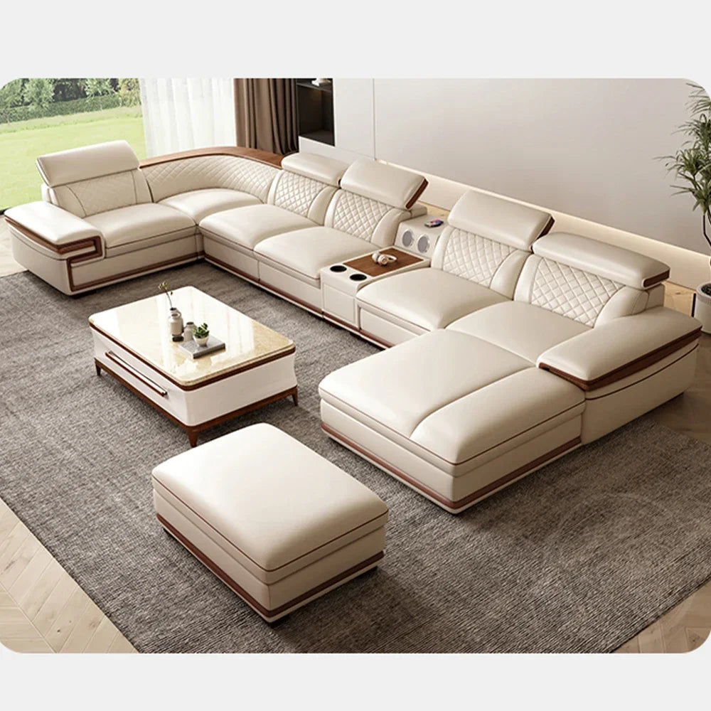 MINGDIBAO Premium Italian Genuine Leather Sofa Set for Living Room with Adjustable Headrests, Bluetooth Speaker, Wireless Charge - Clikcy