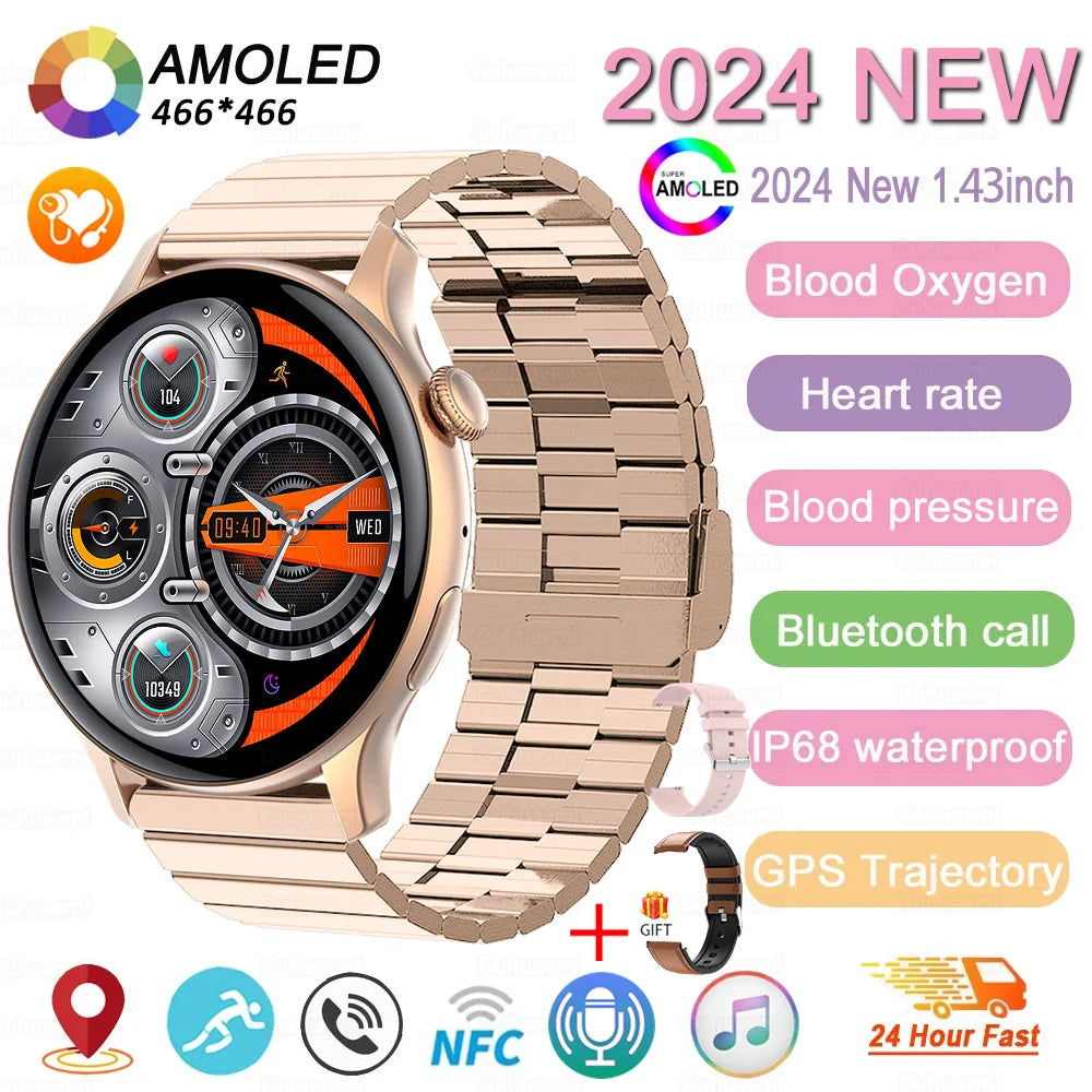 2024 New GPS Smart Watch Women True AMOLED 466*466 HD Screen Health Tracker Sports NFC Voice Bluetooth Call Smartwatches Ladies