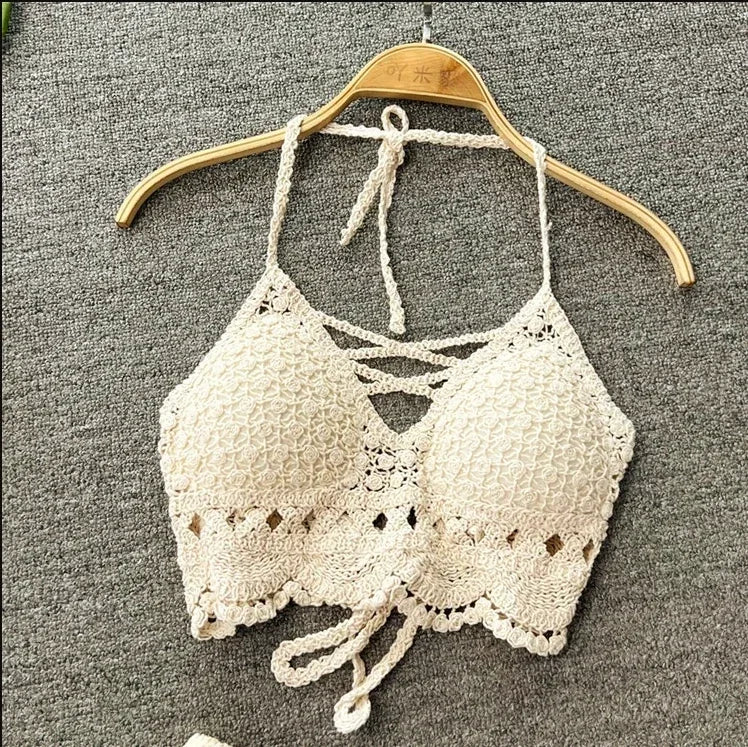 2025 Crop Tops Retro Wild Hollow Perspective Tassel Sexy Spaghetti Strap Tanke Top Women Built In Bra New Back Lace Halter Neck - Clikcy