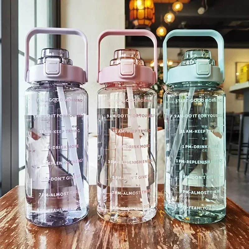 2L Portable Water Bottle Large Capacity Plastic Straw Water Cup Drink Bottle With Time Marker For Outdoor Sports Fitness - Clikcy