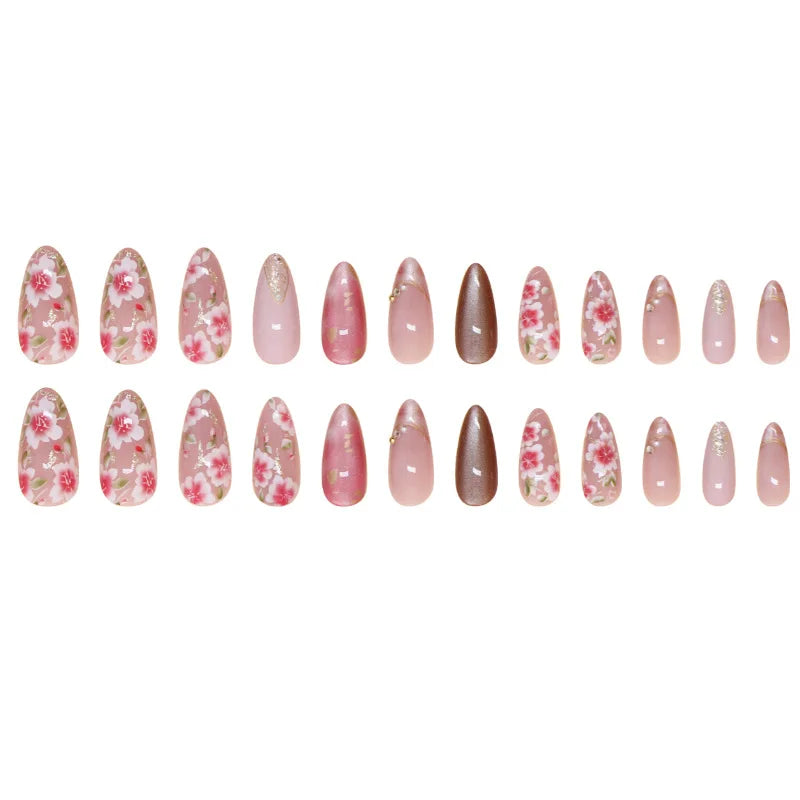 24Pcs Peach Blossom Press on Nails Cat's Eye Nude Glitter False Nail for Women&Girl Spring and Summer Detachable Wearable Nail - Clikcy