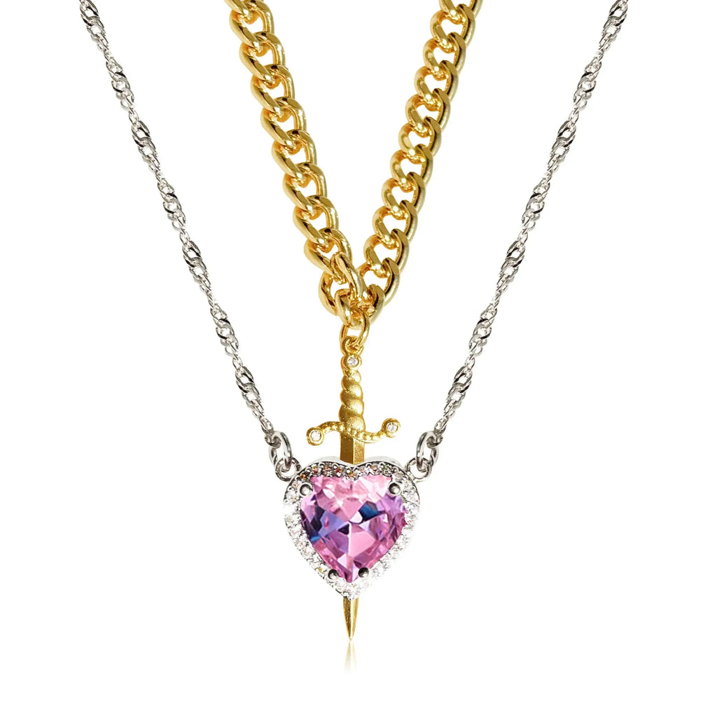 LATS 2pcs Can Be Assembled Heart and Sword Zircon Pendant Necklace for Women Men Couple Silver Gold Plated Choker Chain Jewelry - Clikcy
