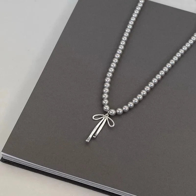 LATS Gray Pearls Bowknot Pendant Necklace for Women Girls Graceful Butterfly Choker Chain Jewelry Gift Accessories - Clikcy