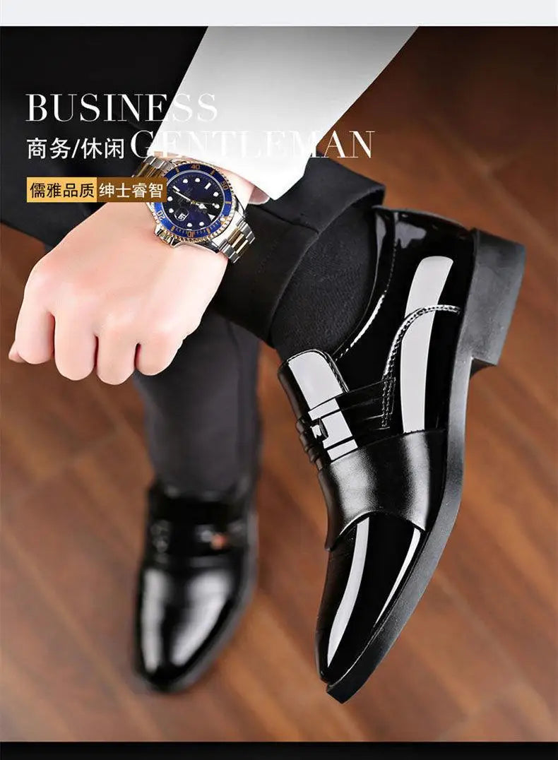 Fashion Black PU Leather Shoes Slip on Formal Men Shoes Plus Size Point Toe Wedding Shoes for Male Elegant Business Casual Shoes