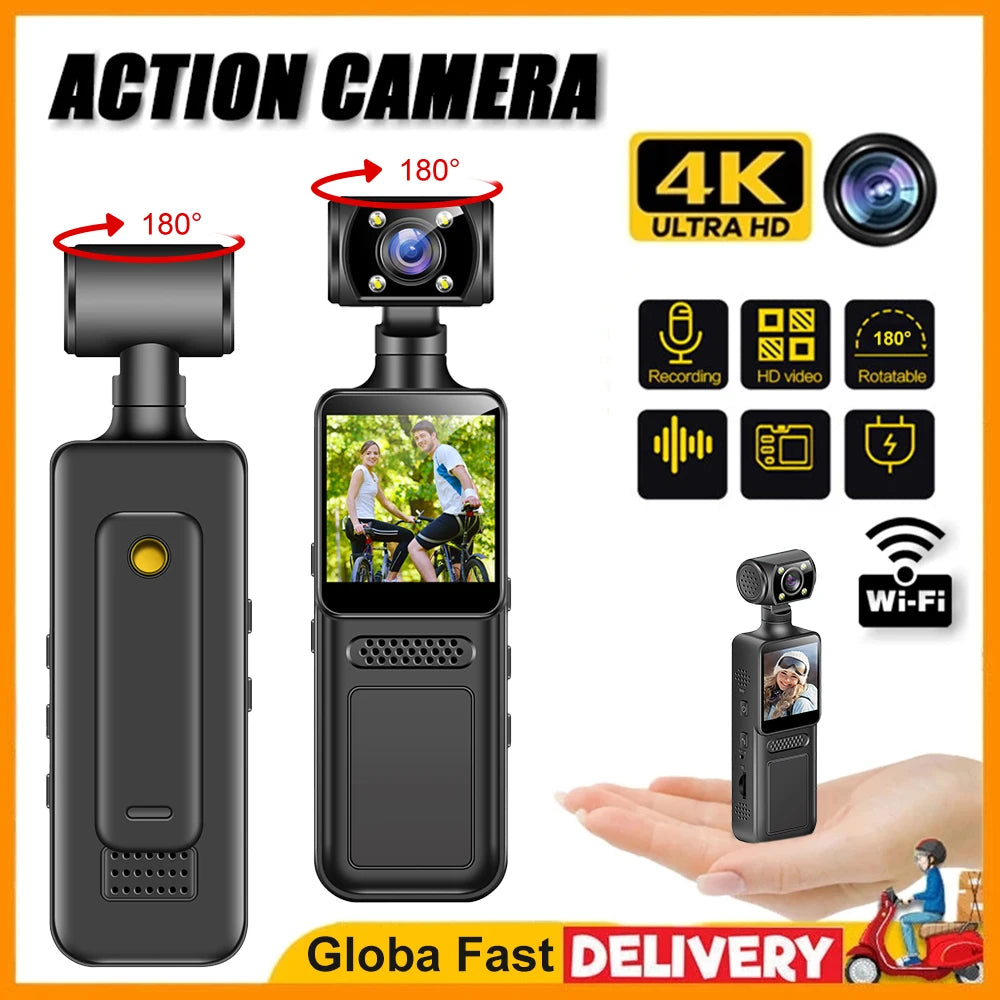 128GB 4K Ultra HD Action Mini Camera 180 Rotatable Vlog Wifi Sports Cam Waterproof Case Helmet Travel Bicycle Driver Recorder - Clikcy
