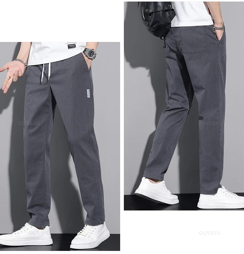 New Spring Summer Cotton Men's Casual Pants Classic Drawstring Elastic Waist Thin Stretch Blue Jogging Work Cargo Trousers Male - Clikcy