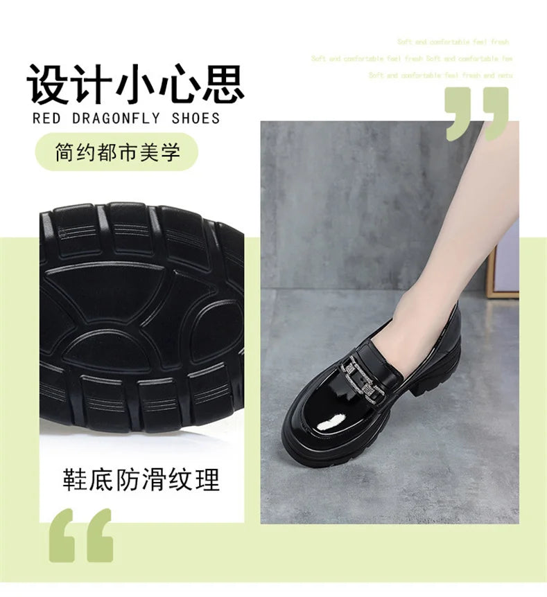 Platform Loafers New Women's Shoes Soft Leather Thick Heels British Small Round Toe Metal Decoration White Leather Shoes - Clikcy