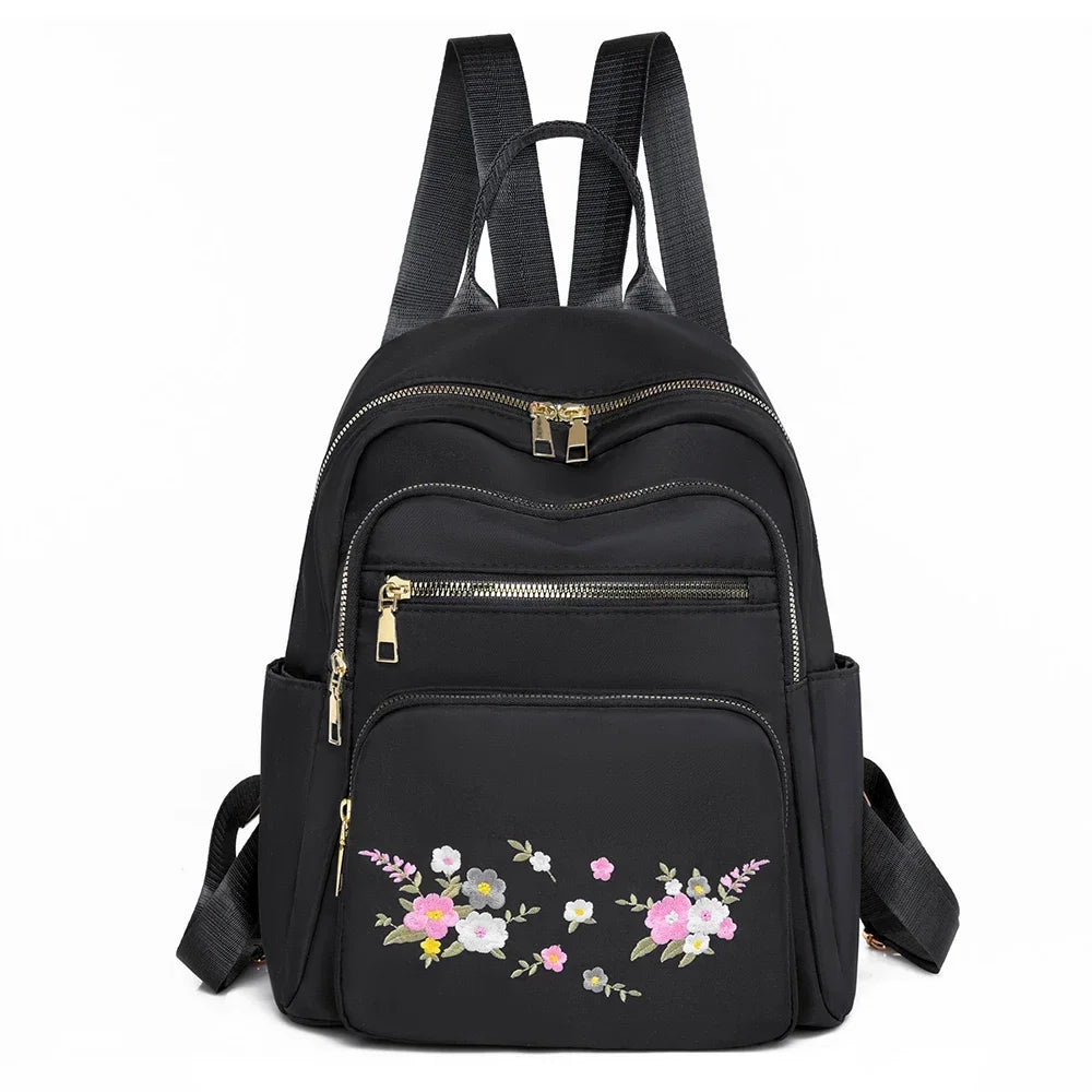 Fashion Nylon Backpack For Women Embroidery Design Student School Bag Leisure Travel Rucksack Popular Girl Commuting Sac A Dos