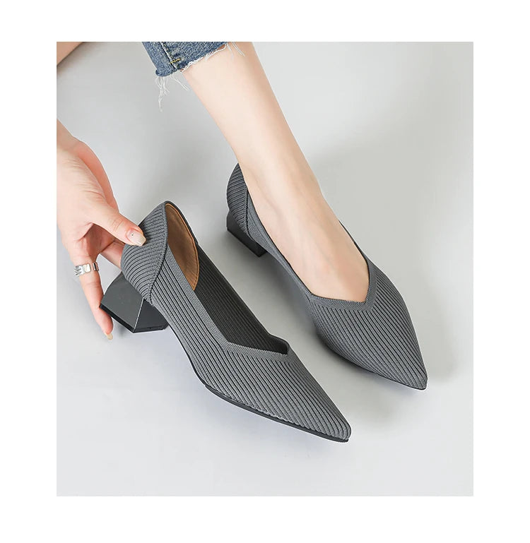 Women's large high-heeled shoes Multicolor pointy knit breathable comfortable anti-skid rubber sole work shoes 2023 new autumn - Clikcy