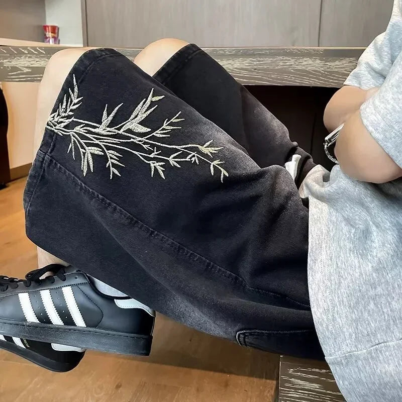 Summer Y2K Baggy Jorts For Men 2024 New Embroidered Short Jean Pants Vintage Wide Leg Bermuda Hip Hop Streetwear Denim Shorts - Clikcy