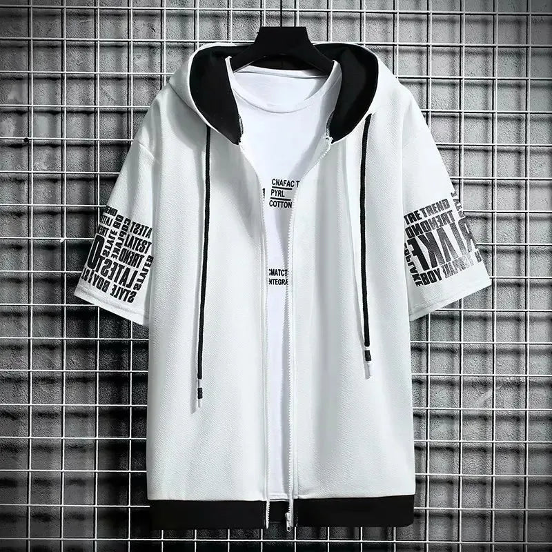 Fashion Men's Hoodies Summer Men Clothing T-shirt Zipper Hood Cartoon Casual T Shirt Print Hooded Top Short Sleeve Men - Clikcy