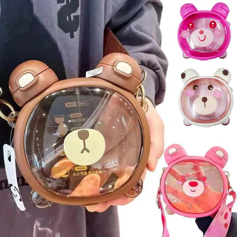 750MLCute Bear Kettle Straw Water Bottle Summer Tritan Straw Bottle Drinking Bottle Plastic Kawaii Children Water Cup for School - Clikcy