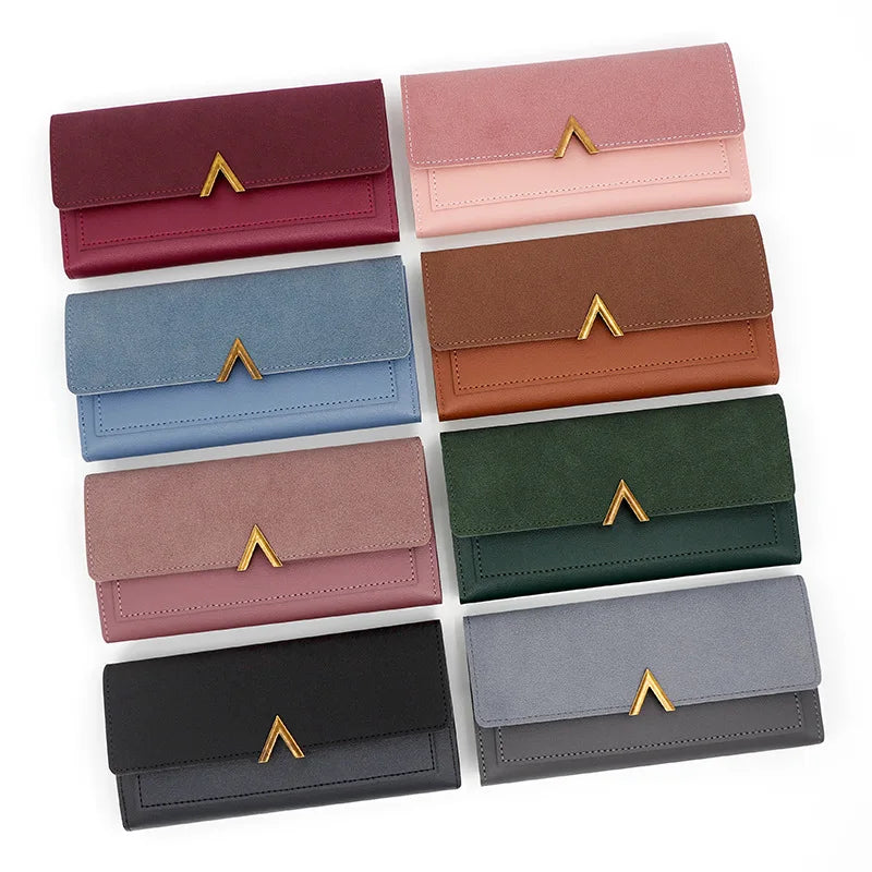 New Korean version women's wallet long V-shaped buckle three fold wallet for women, hand-held bag, change card bag - Clikcy