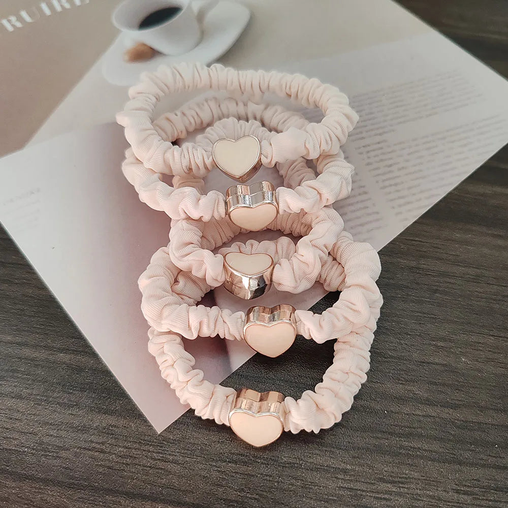5PC European and American Cream Heart High Elasticity Hair Ties for Women Girls Ponytail Holder Hair Rings Rope Accessories - Clikcy
