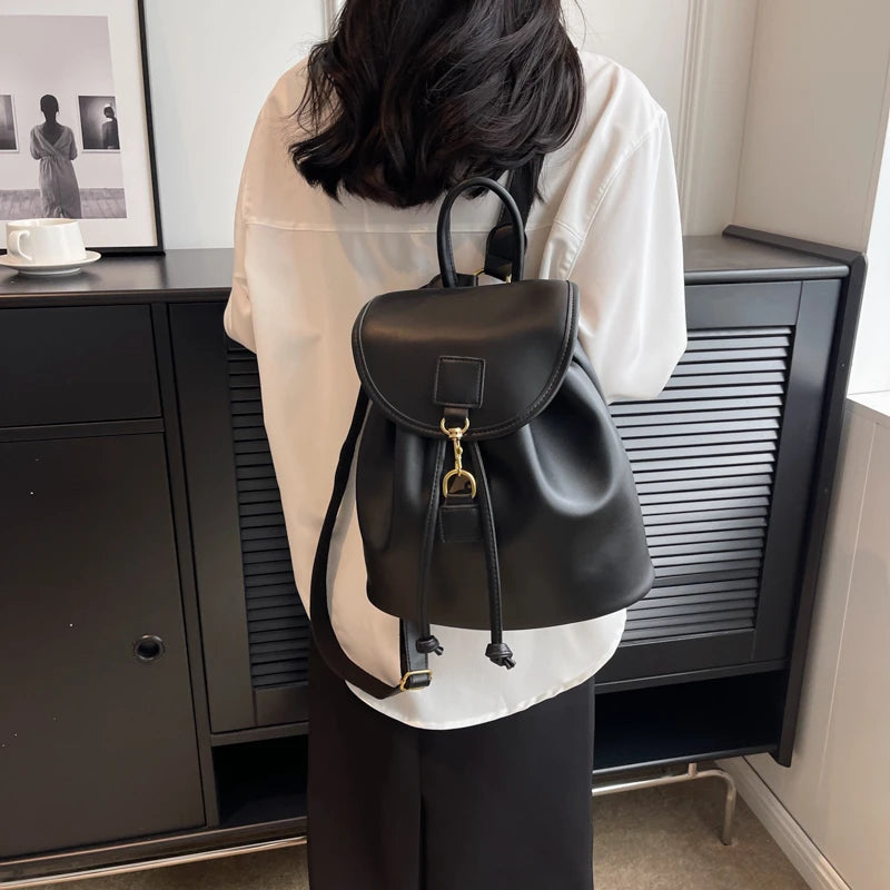 Genuine PU Leather Backpack Female Large Capacity Casual School Bag Solid Drawstring Travel Shoulder Bag Korean Fashion Backpack - Clikcy