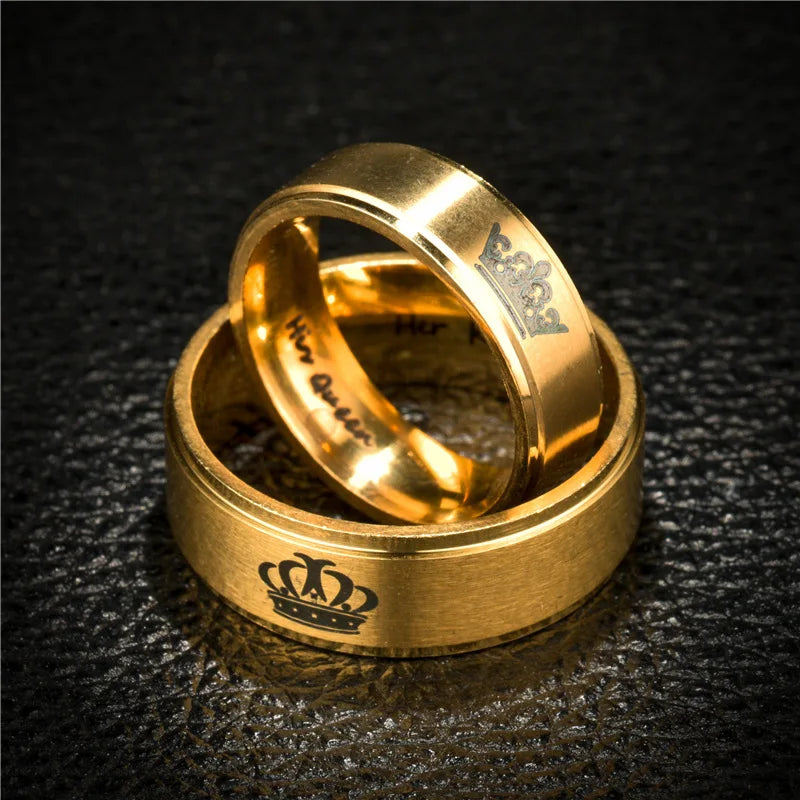 Gold Colour King Queen Crown Stainless Steel Couple Rings for Lovers Promise Men Women Valentine's Day Gifts - Clikcy