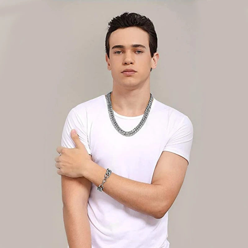 HNSP Stainless Steel Cuban Chain Necklace Bracelet For Men Neck Silver Color 8MM-14MM Thick Long Hand Chains Male Gift - Clikcy