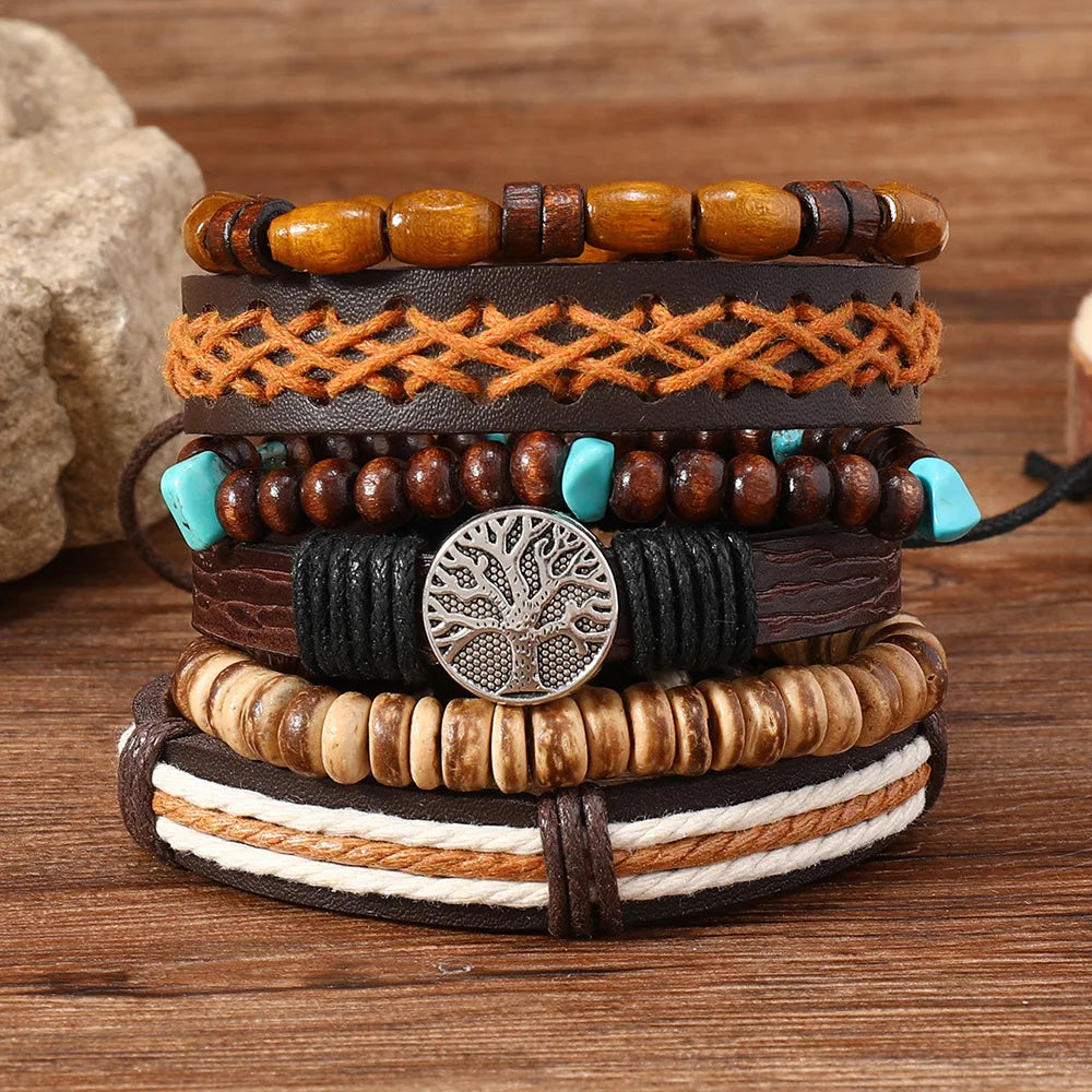 Red 6 Pc/set Tree Black Wrap Woven Handmade Wood Beads Bracelets Male Women Leather Bracelets Men Bangle Wholesale Jewelry Gift - Clikcy