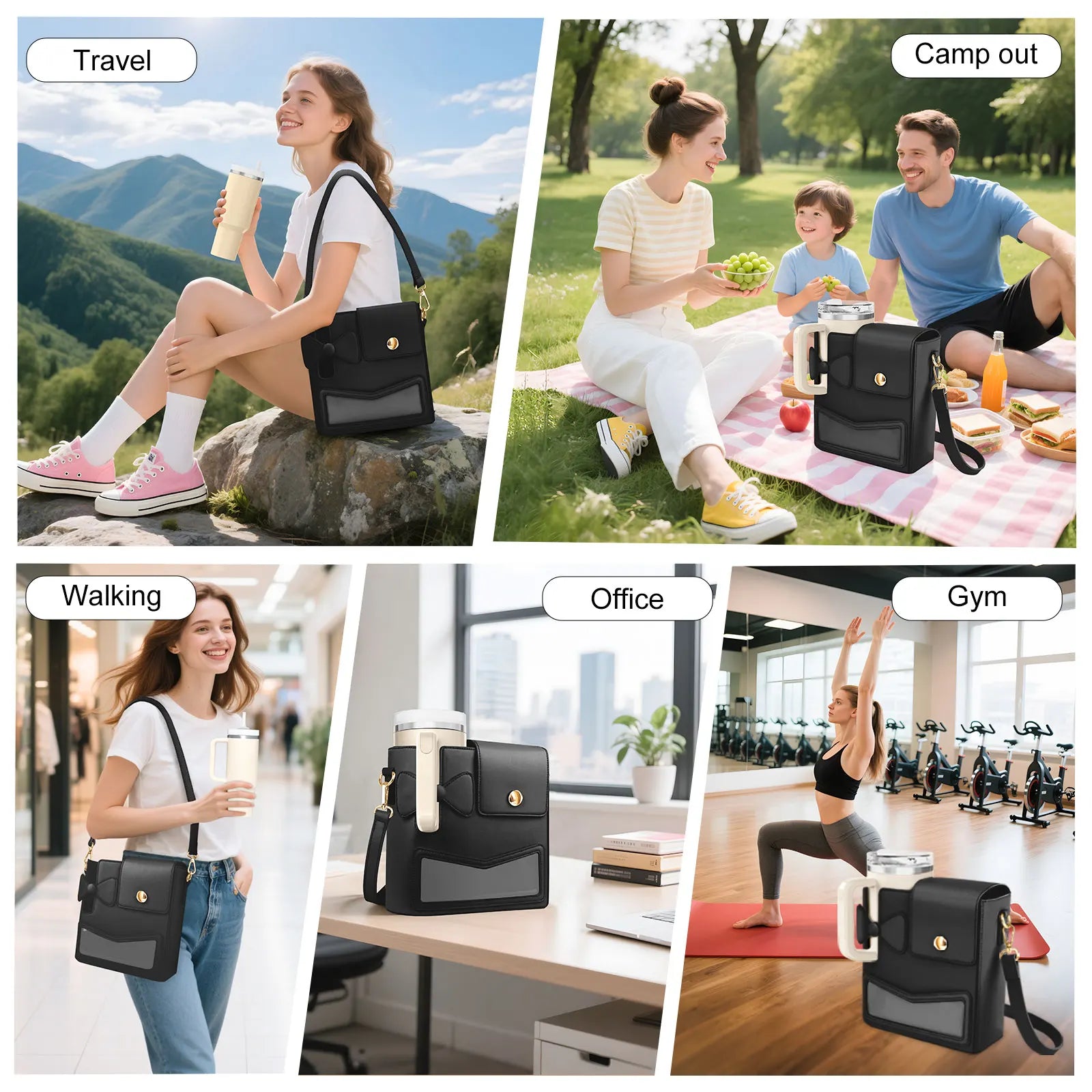 Outdoor Water Bottle Crossbody Bag With Pocket for Stanley Cup 40 oz Tumbler Leather Water Cup Holder With Strap for Women Gifts - Clikcy