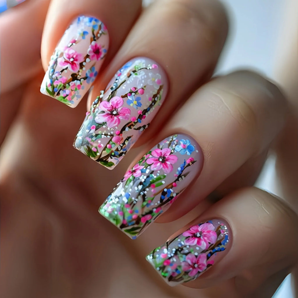 24pcs/set Medium Long fake nails for Spring summer beautiful flowers mushroom bees cute almond square tips press on false nails - Clikcy