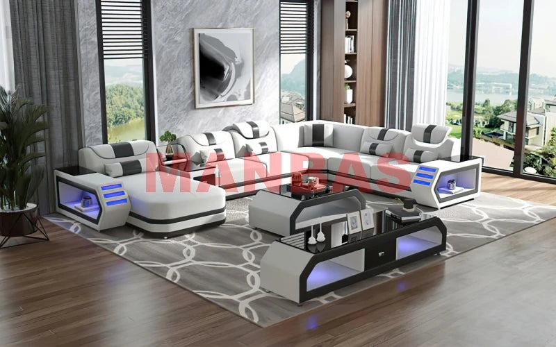 MANBAS Italian Genuine Leather Sectional Sofa with LED Lights | Futuristic Furniture U Shape Couch Living Room Big Sofas Set - Clikcy