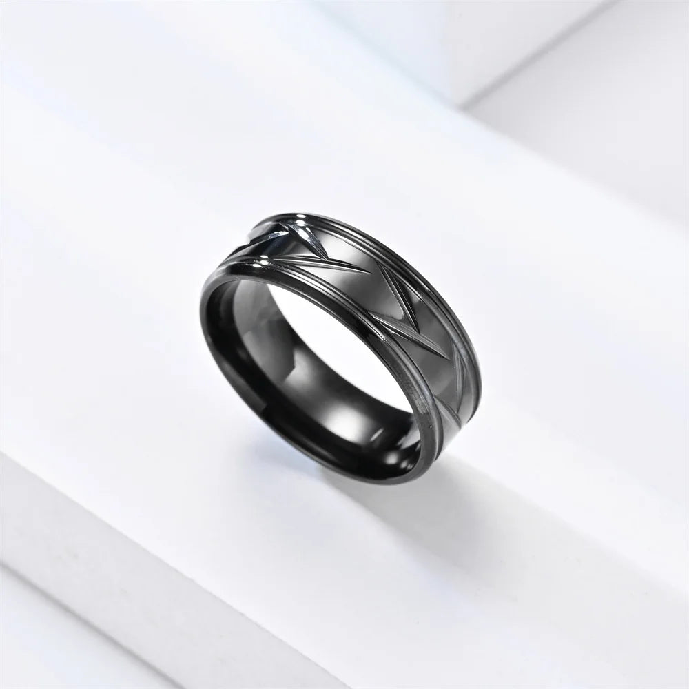 Fashion Men’s Silver Color Black Stainless Steel Ring Groove Multi-Faceted Ring for Men Women Engagement Ring Anniversary Gifts - Clikcy