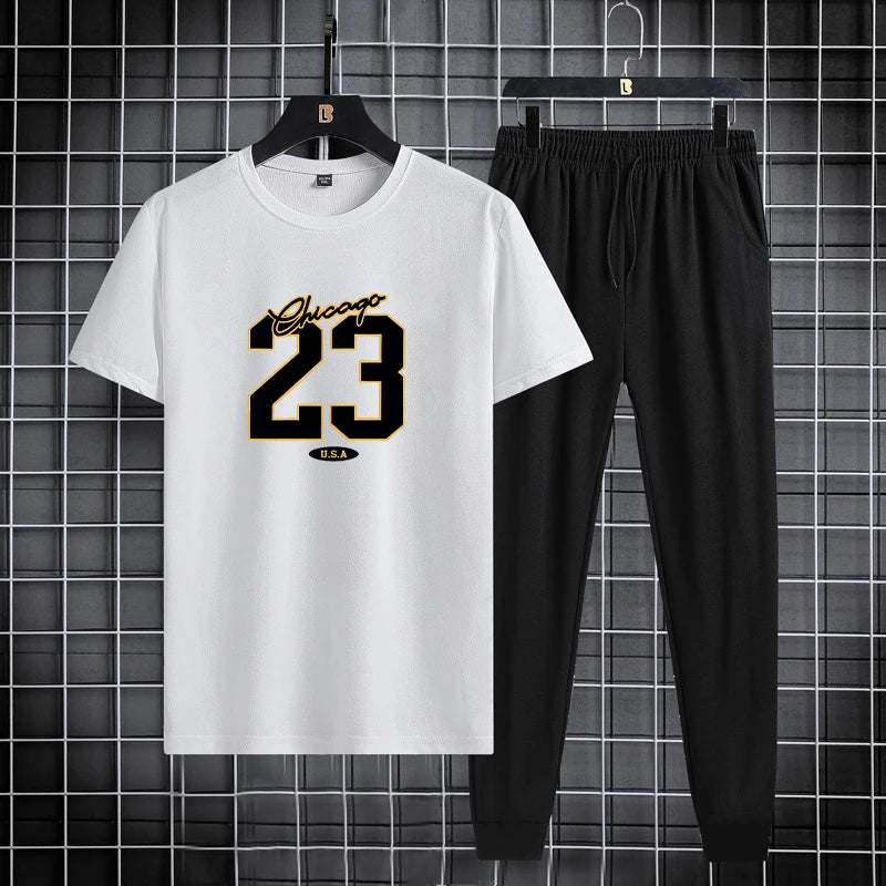 Summer new men's round neck quick drying casual sports fitness breathable short sleeved+shorts set two-piece set - Clikcy