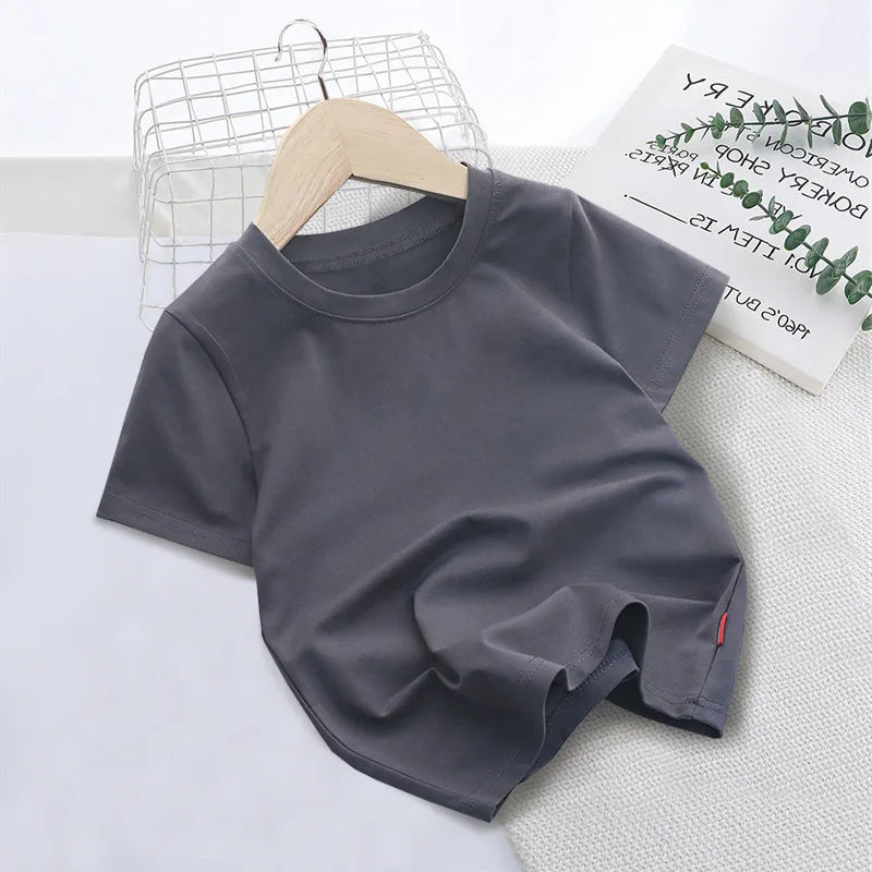 Summer Solid Color Children Cotton T-shirt for Boys Girls White Tops Tees Kids Clothes 2-10Y Student Casual Tee - Clikcy