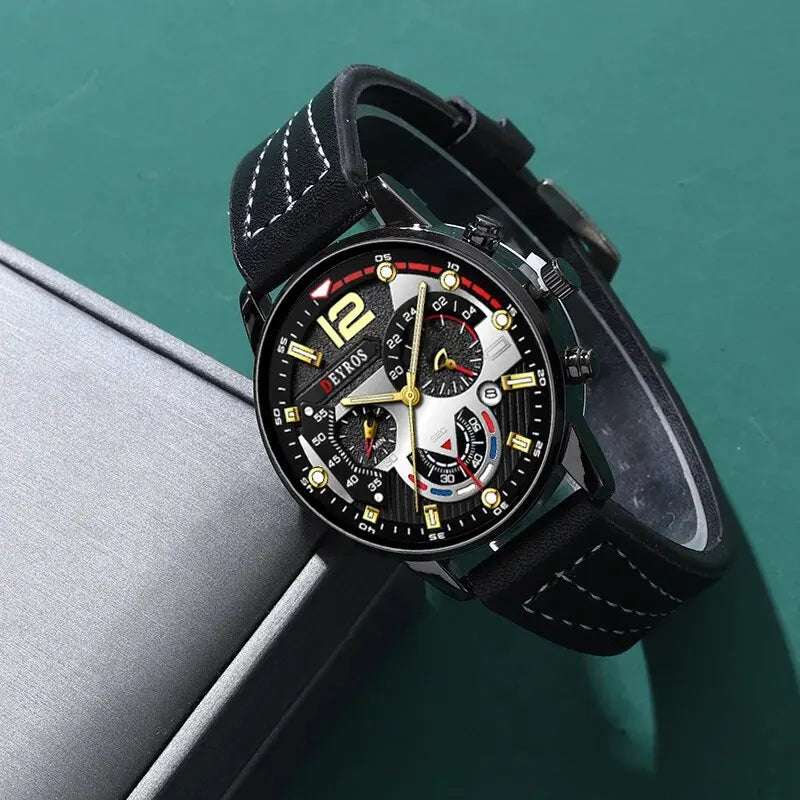 3PCS Set Fashion Mens Watches Luxury Black Leather Quartz Wristwatch Calendar Date Men Business Casual Watch Bracelet Necklace - Clikcy