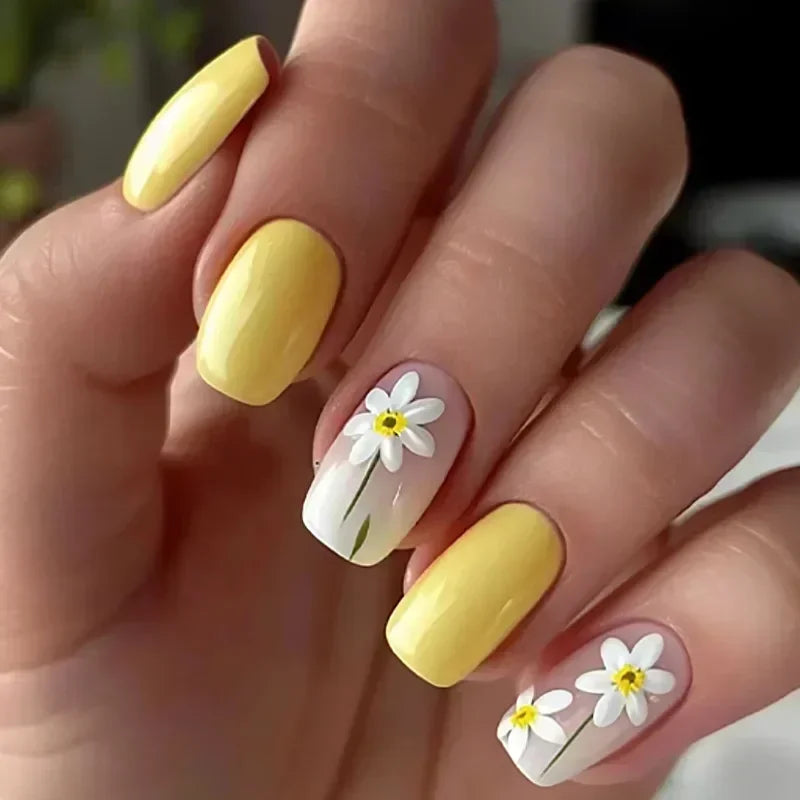 24Pcs Short Square Head Fake Nails Yellow False Nails with Flowers Simple French Tips Wearable Summer Full Cover Press on Nails - Clikcy