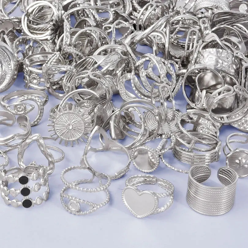 Random 5/10pcs Silver Color Stainless Steel Mix Rings For Women Men Accessories Open Ring Finger Jewelry DIY Blank Settings Gift - Clikcy