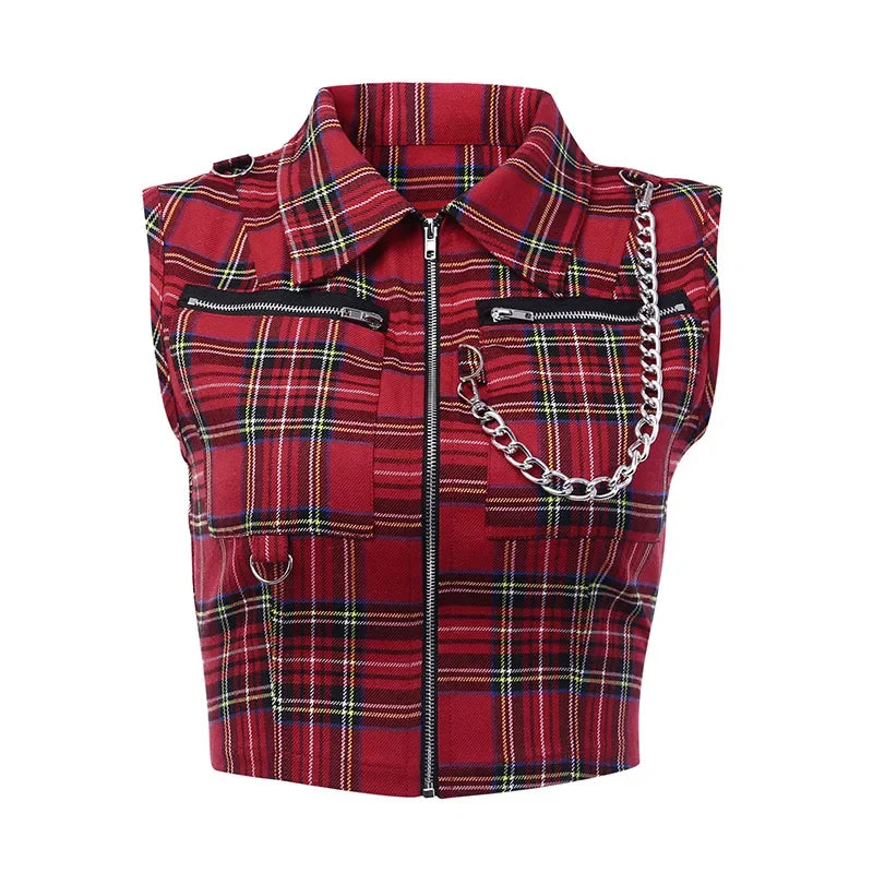 Plaid Punk Streetwear Zipper Chain Plaid Female Goth Retro Hi Hop Camis Top Gothic Chic Sexy Crop Tops Women T-shirt - Clikcy